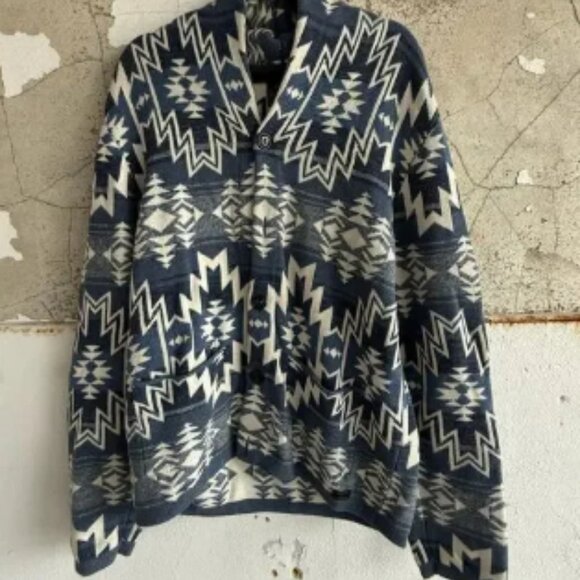 Lucky Brand Southwestern Cardigan Sweater Cotton Blue Cream Geometric Knit L - Picture 1 of 6